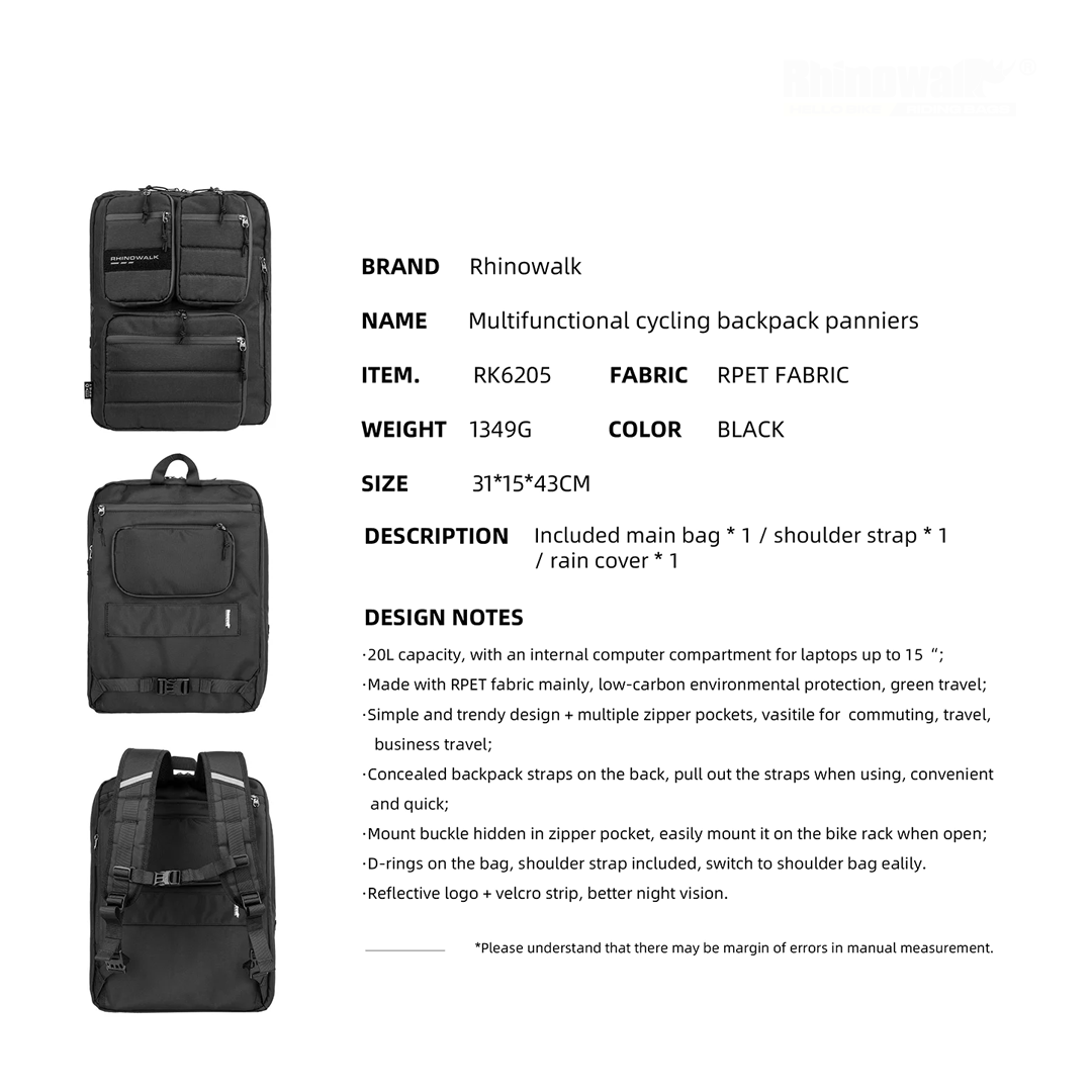 Rhinowalk RK6205 Bike 25L Pannier Bag and Backpack - Tas Sepeda
