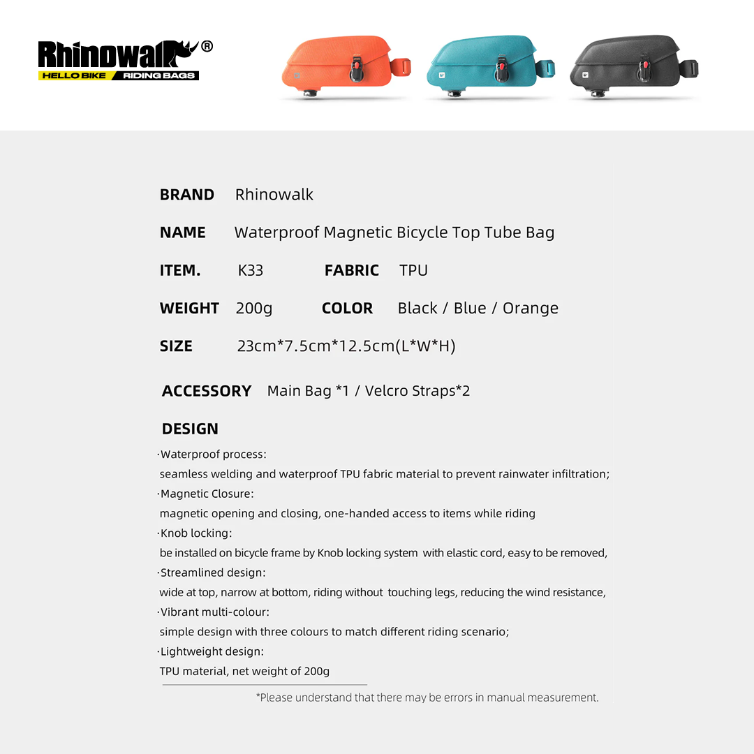 Rhinowalk K33 Waterproof Bike Front Frame Triangle Bag with Magnetic Locking - Tas Sepeda